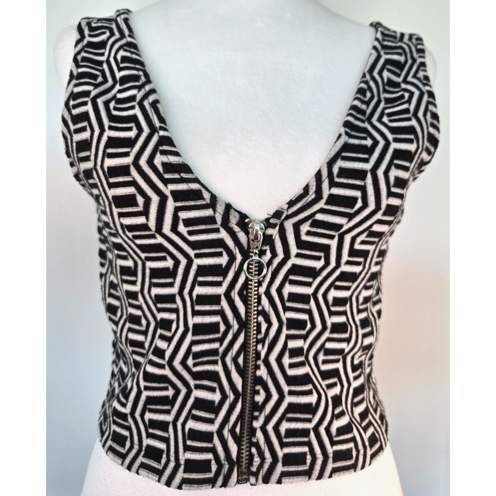 River Island Geometric Print Tank Zip Top V-Neck Camisole Black White Retro Sz12